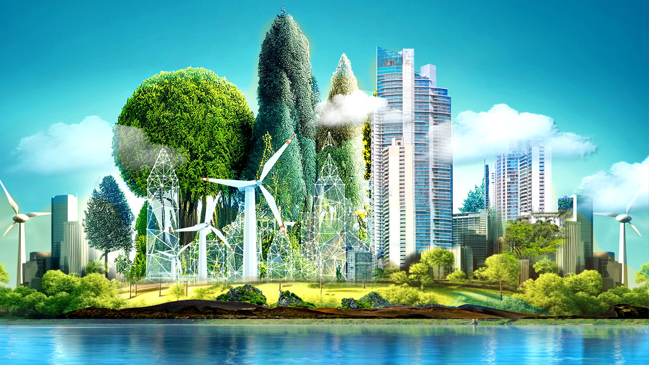 Illustration représentant une ville avec des éoliennes, des espaces verts et un plan d’eau au premier plan, ainsi que des points de connexion numériques qui font apparaître le contour d’autres édifices