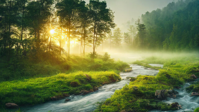 Rivière et rochers recouverts de végétation et berges dans une forêt, avec de la brume et les rayons du soleil à travers les arbres