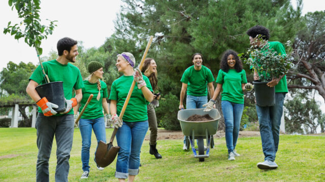 Un groupe composé de personnes portant des maillots verts et équipées de pelles et d’une brouette s’apprête à planter des arbres