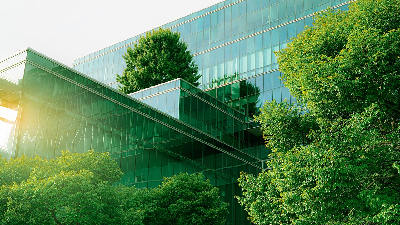Immeuble de bureaux en verre durable avec des arbres destinés à réduire le dioxyde de carbone