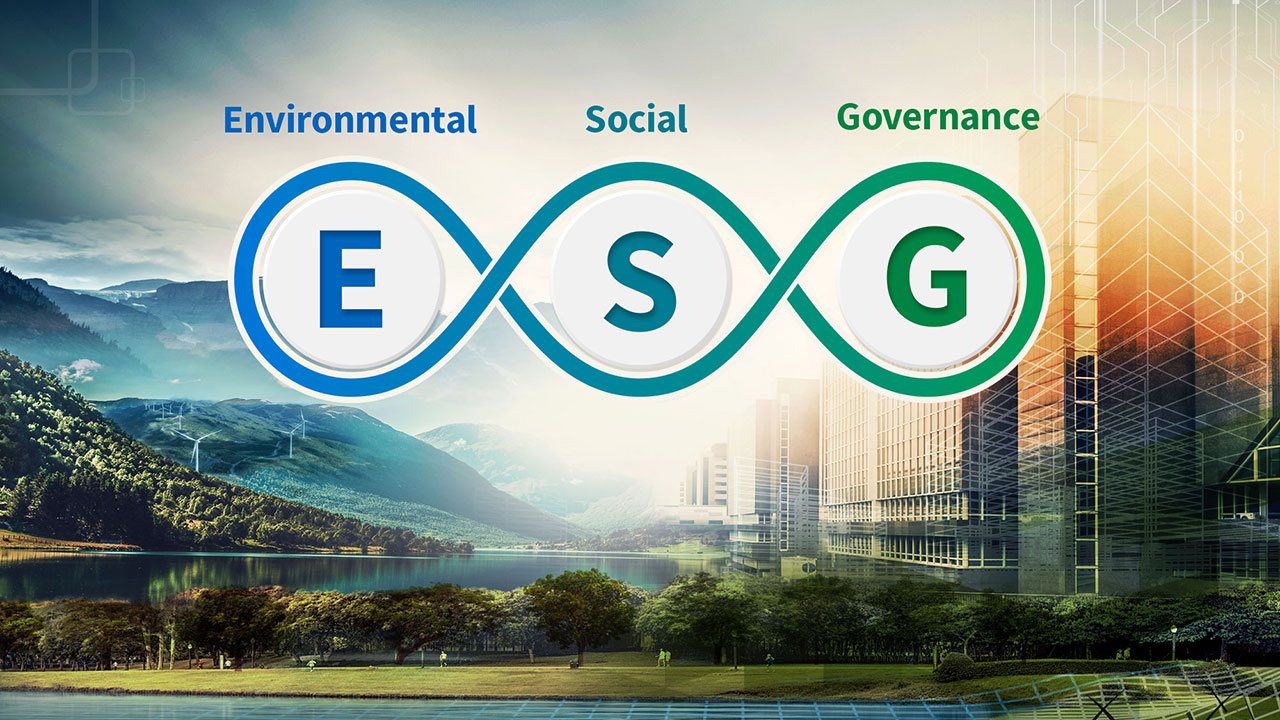 Illustration circulaire visuelle des piliers Environnement, Social et Gouvernance avec un paysage en fond