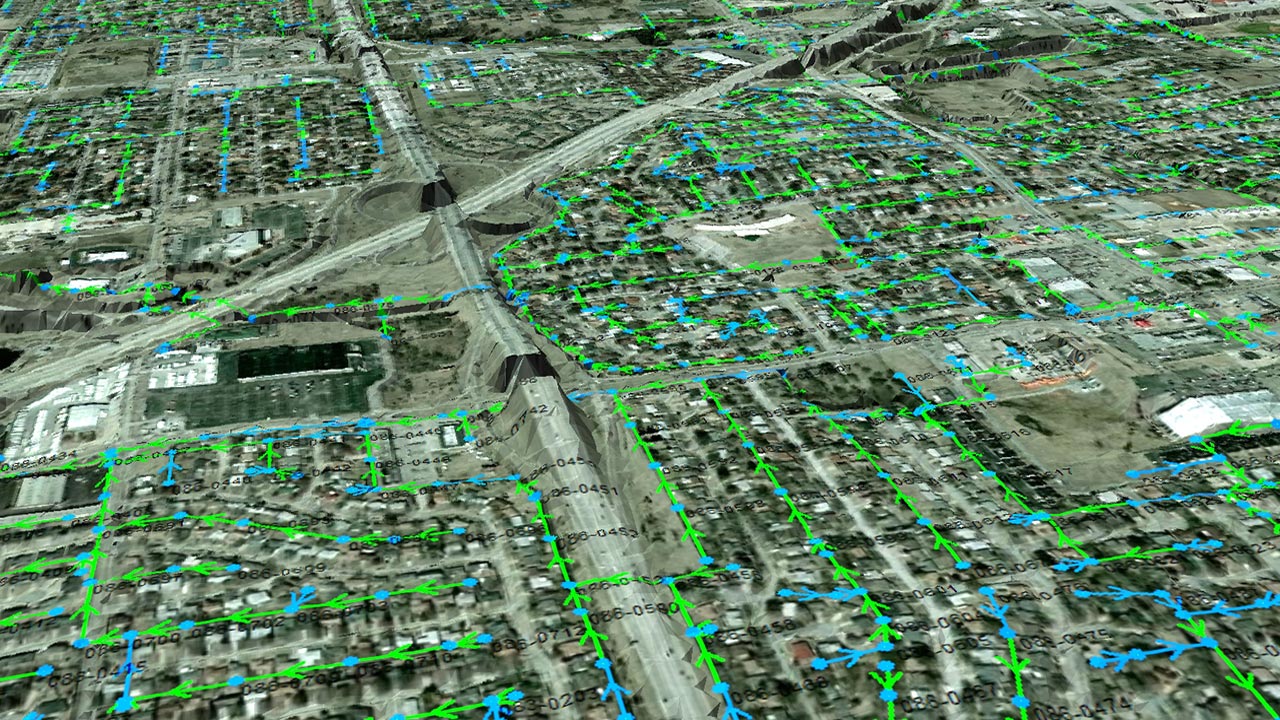 Vue aérienne en 3D d’un système de régulation de l’eau en temps réel sous une ville