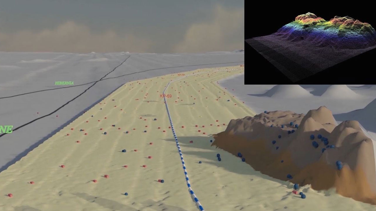 Visualisation de l’acheminement d’un câble sous-marin avec des rochers en nuage de points tel que représenté graphiquement par l’équipe géospatiale de Tetra Tech