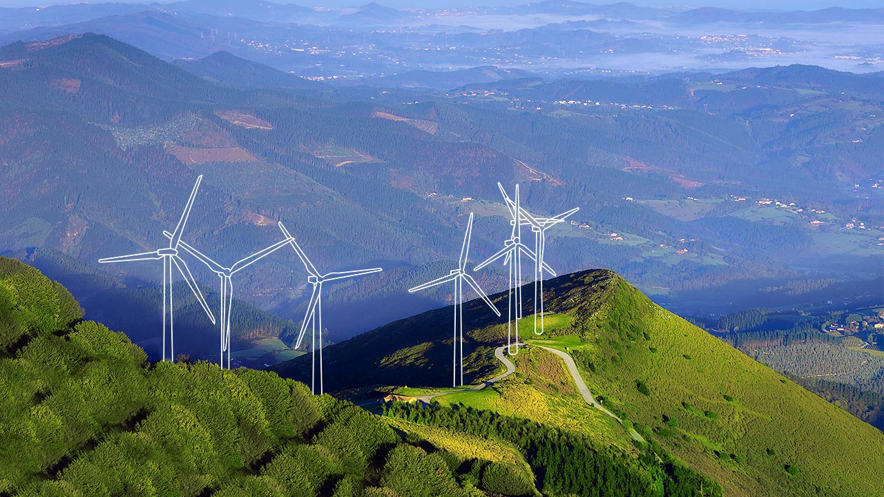 Crête montagneuse avec éoliennes tracées en blanc représentant des services de planification et de sélection de sites pour des éoliennes terrestres