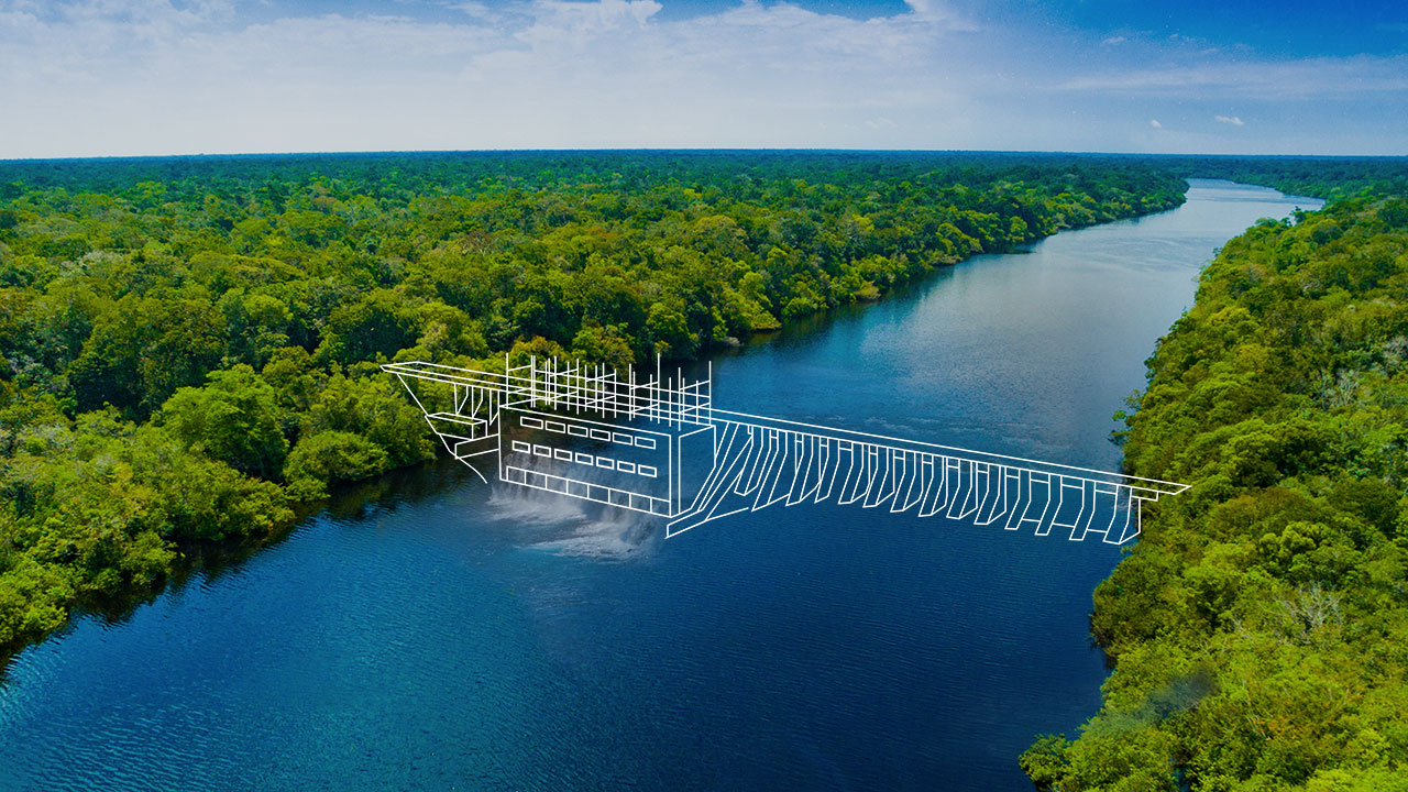 Croquis d’installation hydroélectrique en blanc sur une rivière bleue avec des rives bordées d’arbres représentant des services de planification
