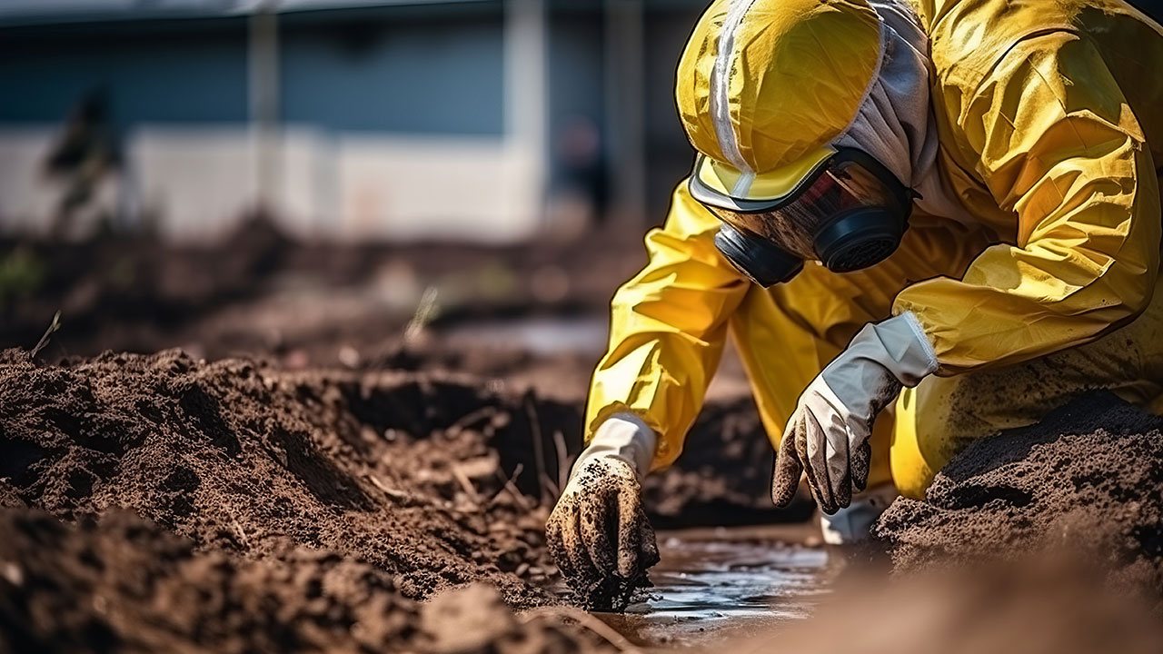 Un technicien mesure les niveaux de PH d’une eau contaminée par des produits chimiques