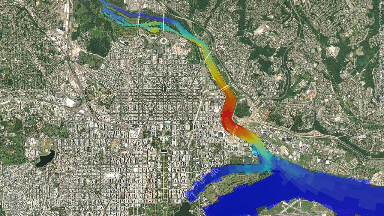 L’application du modèle de Tetra Tech simule l’hydrodynamique, les sédiments et les substances toxiques se déplaçant dans les rivières Anacostia et Potomac