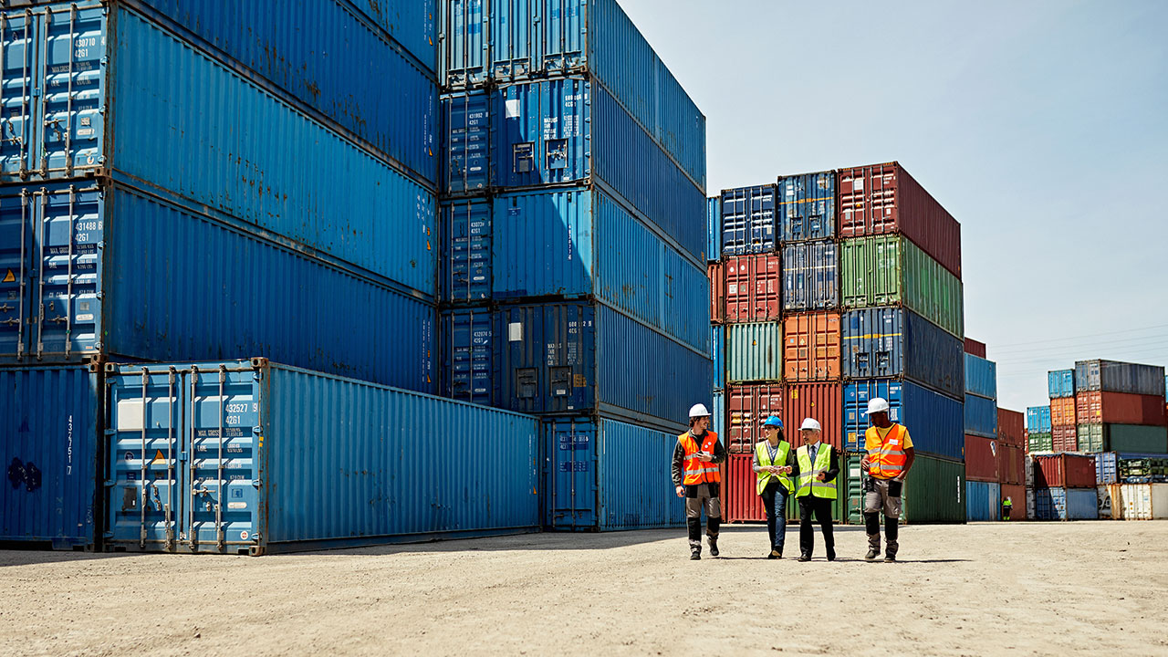 Vue à mi-distance de divers manutentionnaires de fret et superviseurs à un port intérieur