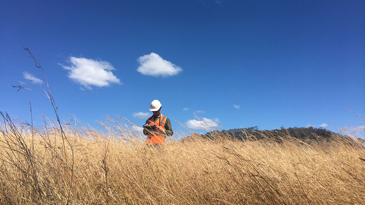 Un technicien de Tetra Tech portant un EPI relève des données environnementale dans un champ d’herbes sèches