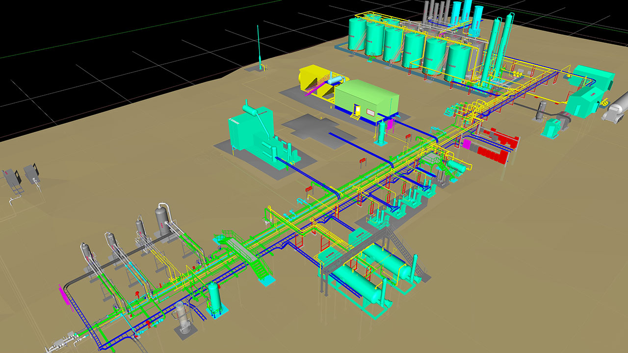 Rendu multicolore 3D d’une installation de traitement créé par des ingénieurs en pétrole et en gaz de Tetra Tech