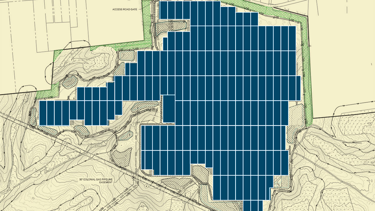 Aménagement de site solaire en bleu avec éléments topographiques de couleur beige et vert créé par des ingénieurs en énergie renouvelable de Tetra Tech