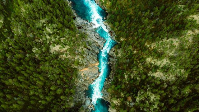 Photo prise par un drone sous grand angle montrant une rivière de montagne couleur turquoise dans une forêt de sapins avec vue sur les pics montagneux
