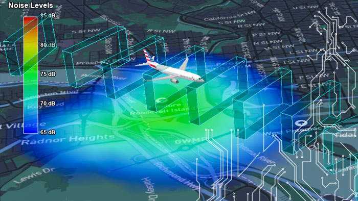 Un avion et une représentation de trajectoire de vol bleue créés en utilisant Volans avec imagerie de circuits en superposition