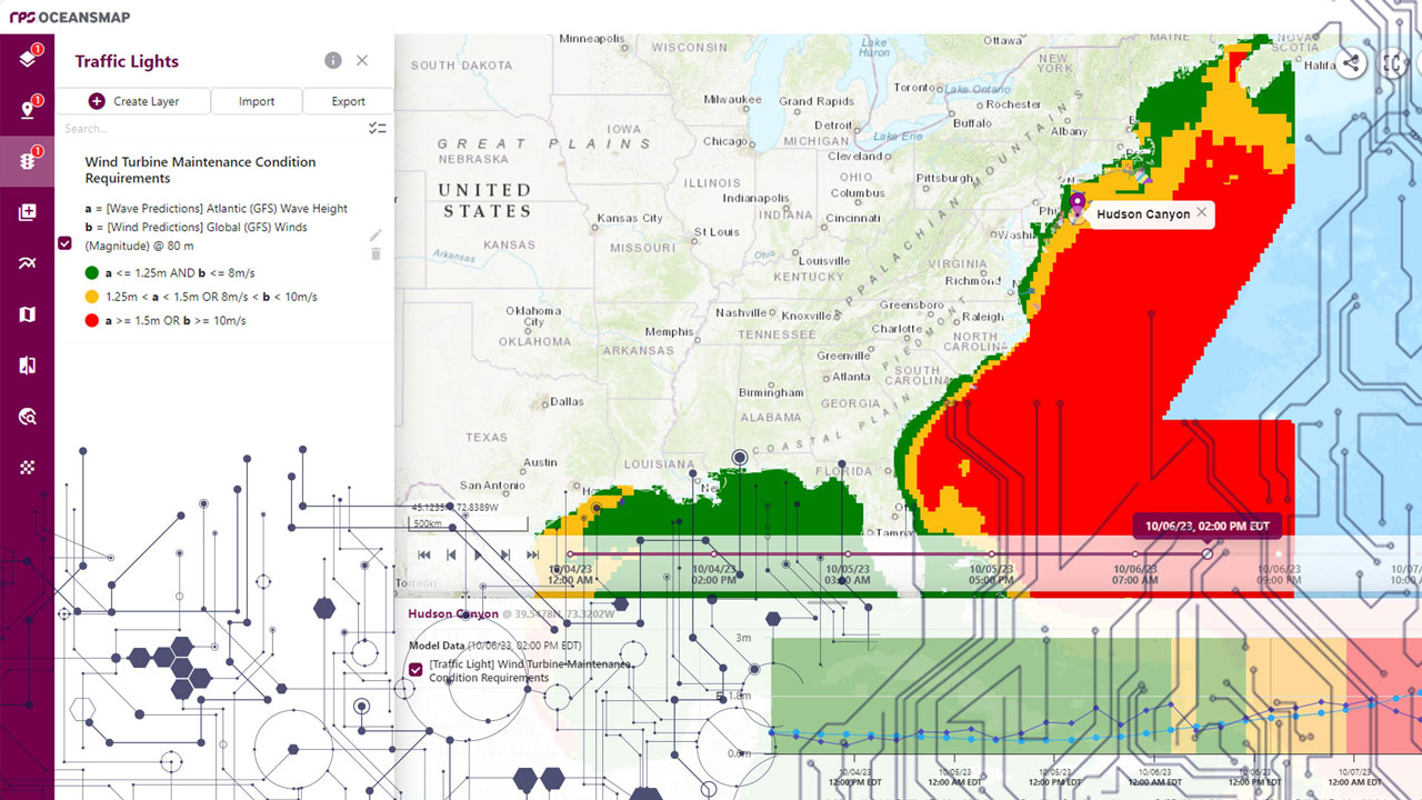 Carte générée par OceansMap pour montrer des prévisions de vagues et de vent en vue de permettre l’identification des besoins en entretien visant les éoliennes en mer